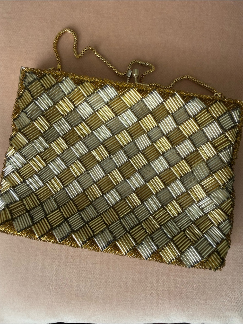 Vintage Hong Kong Metallic Beaded Evening Bag Gold Silver Clutch Purse
